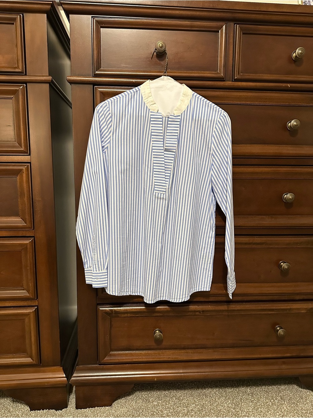 Premise Blue & White Striped Shirt with Cream Band Collar